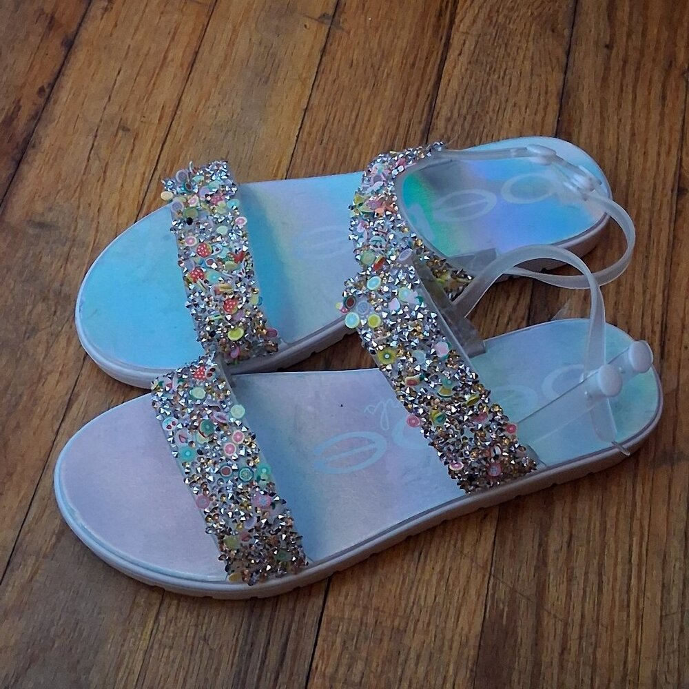 Bebe Flat Sandals Rhinestone and Fruit Glitter Details